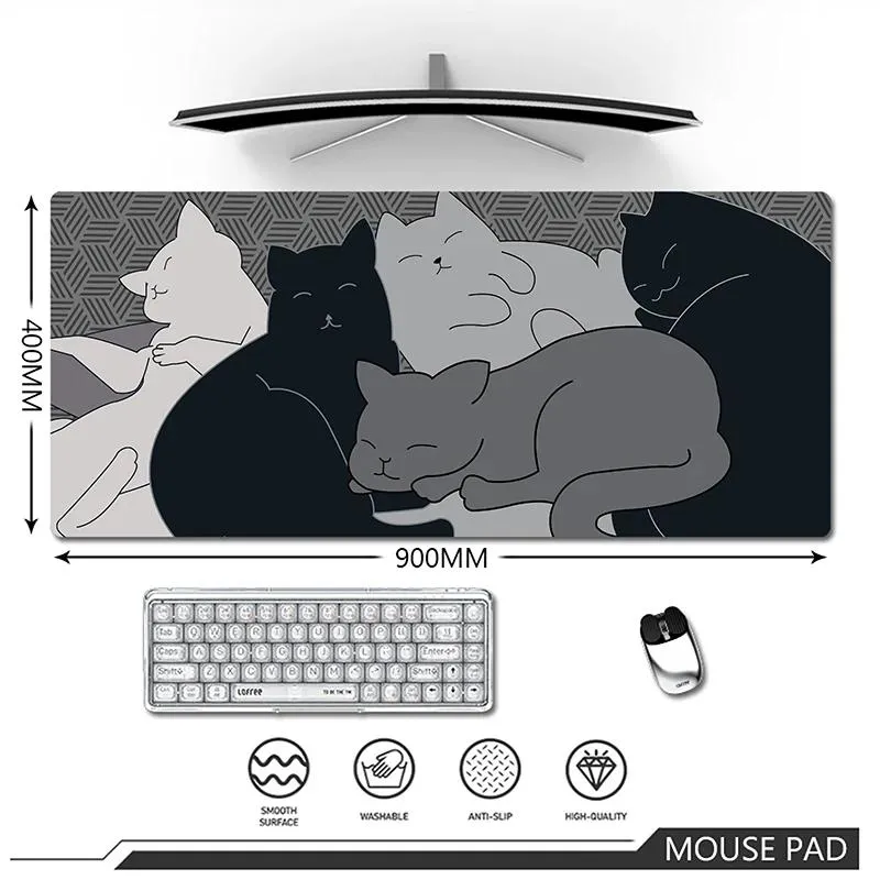 Rests Siyah ve beyaz kedi fare ped masaçısı ofis latop mat xxl mousepad büyük fare mat bilgisayar kauçuk kawaii klavye paspas 900x400mm