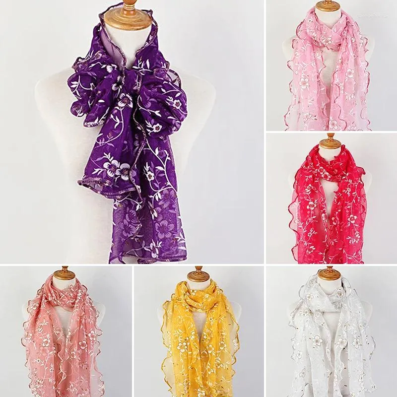 Scarves 180x50cm Fashion Flower Pattern Scarf For Women Elegant Ruffles Long Silk Head Shawls Clothing Accessories