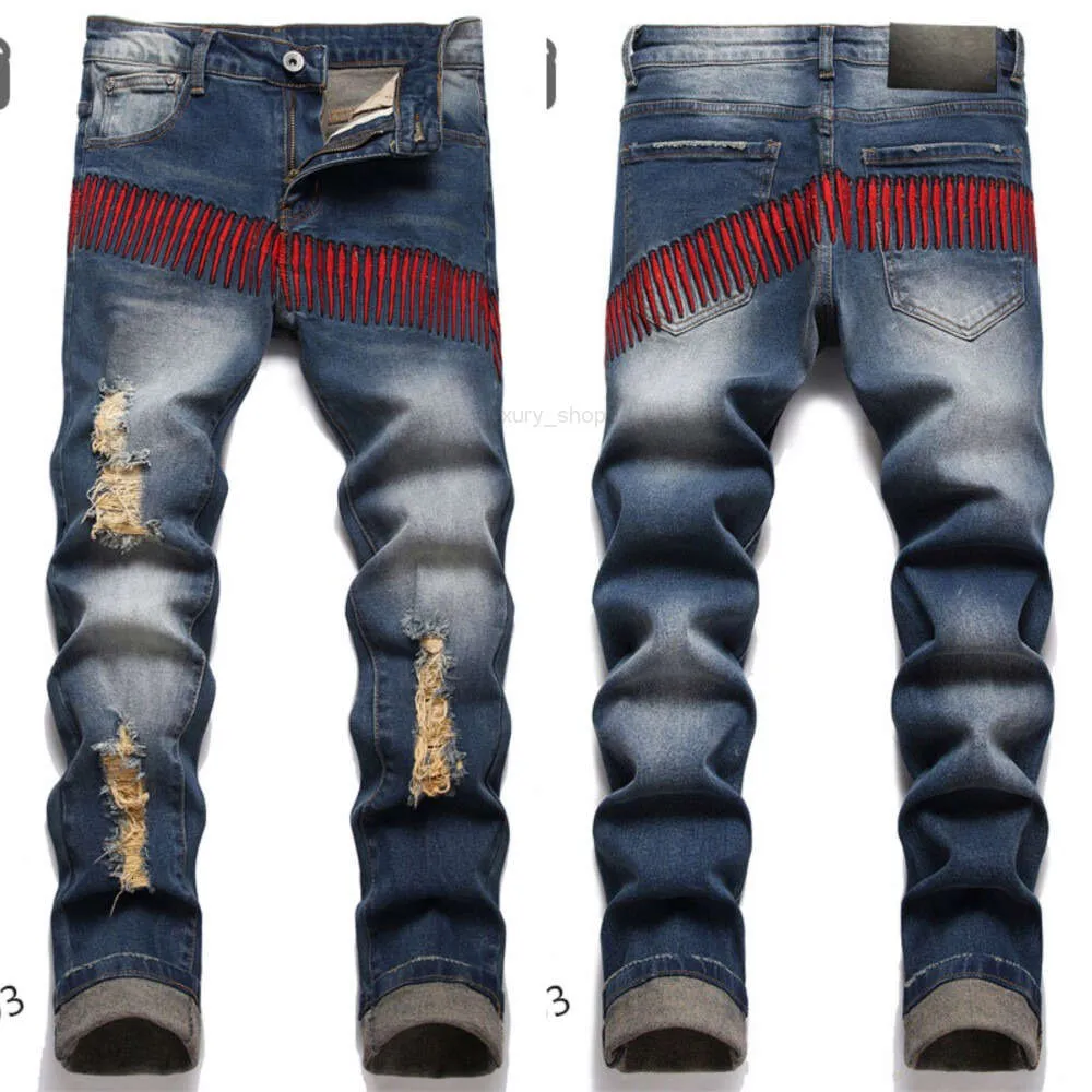 Mens 40 Offmens Jeans Purple Jeans Designer Long Straight régulière Lettre moderne Patchwork Ripped for Trend Brand Motorcycle Mens Skinny Highpur Designer Stack