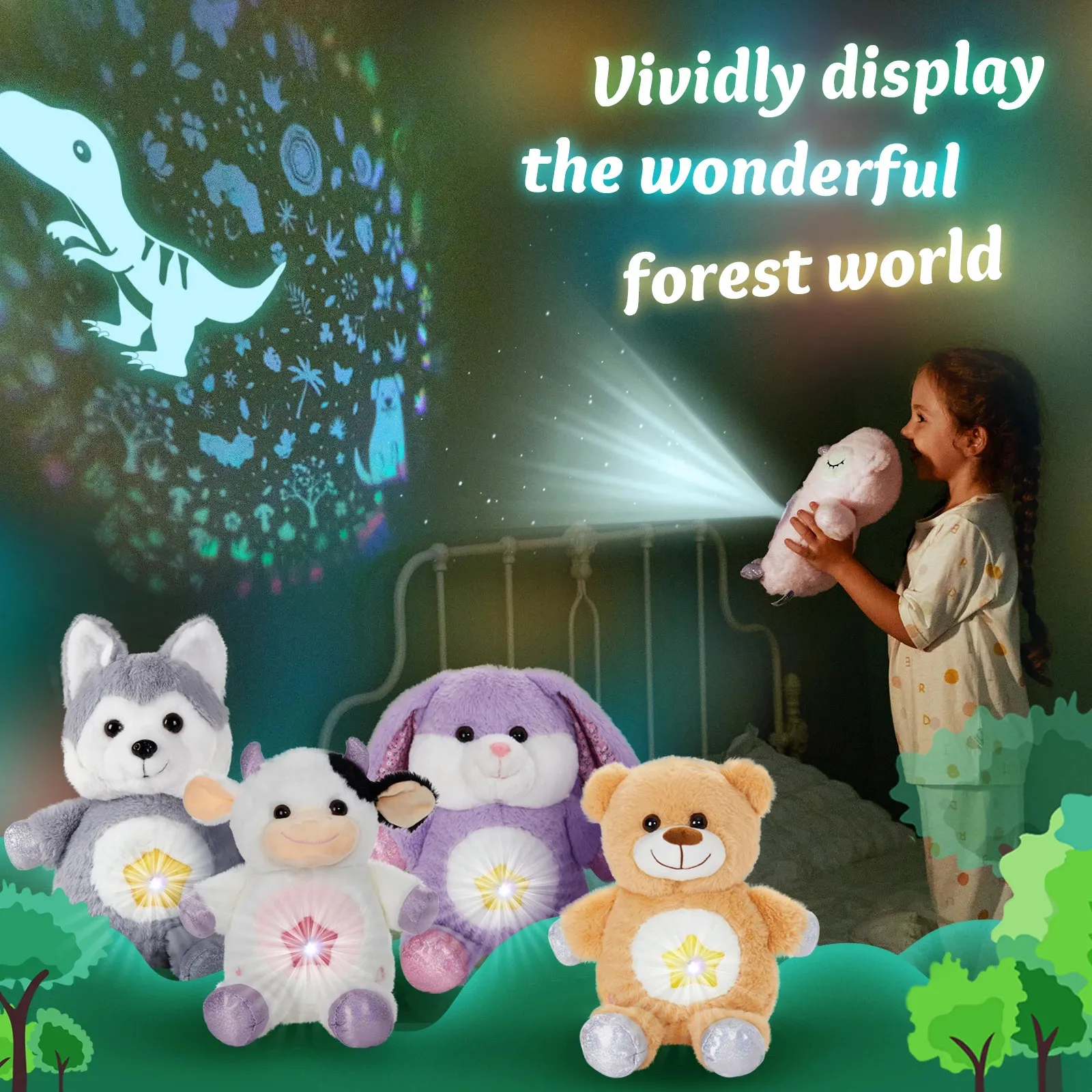 Bunny Projector Luminous Plush Toys Doll Present Bomoll Kastkuddar fyllda djur för flickor Glödande leksaksledande ljus Musikal 231222