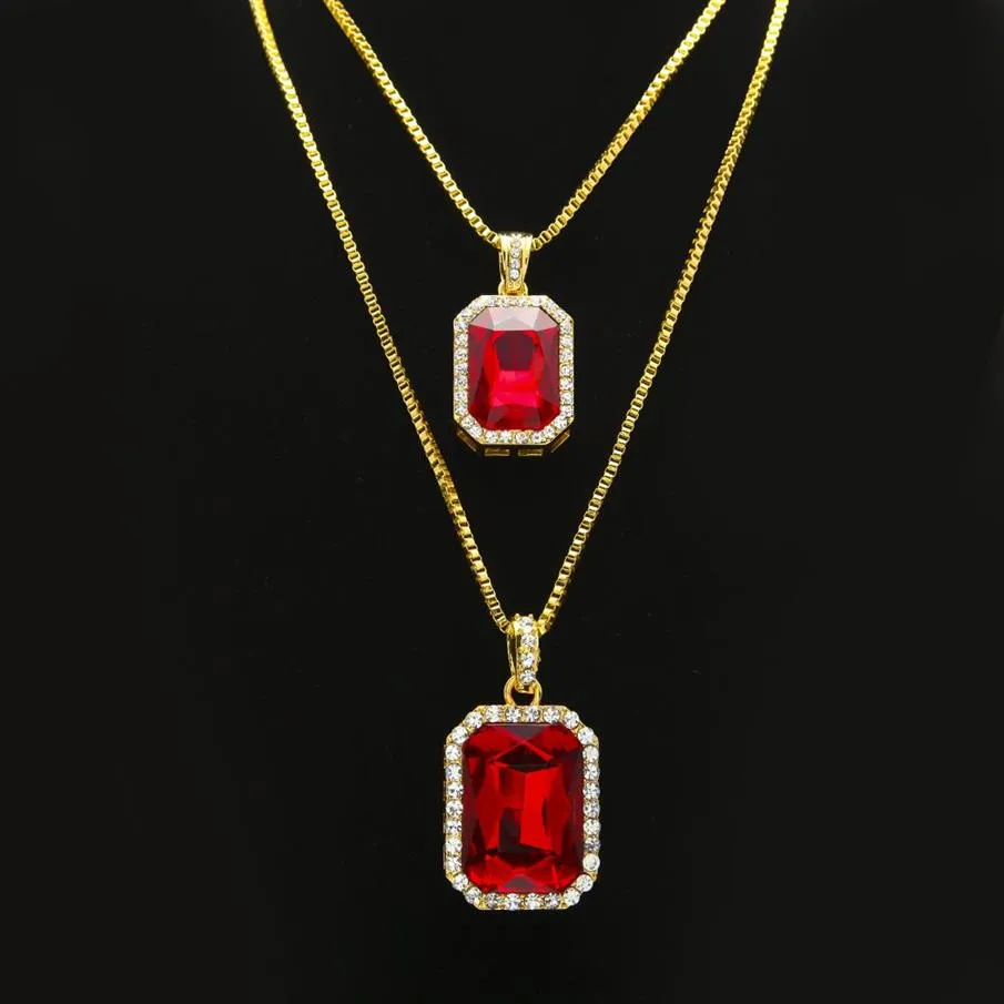 2pcs Ruby Collier Set Silver Gold plaqué Iced Out Square Red Pendant Hip Hop Box Chain280a