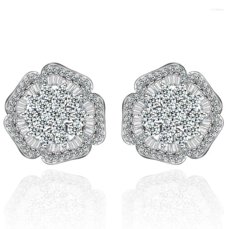 Stud Earrings Zlxgirl Jewelry Rhodium Silver Color Wedding Flower Earring Metal Copper Pave Zircon Piercings