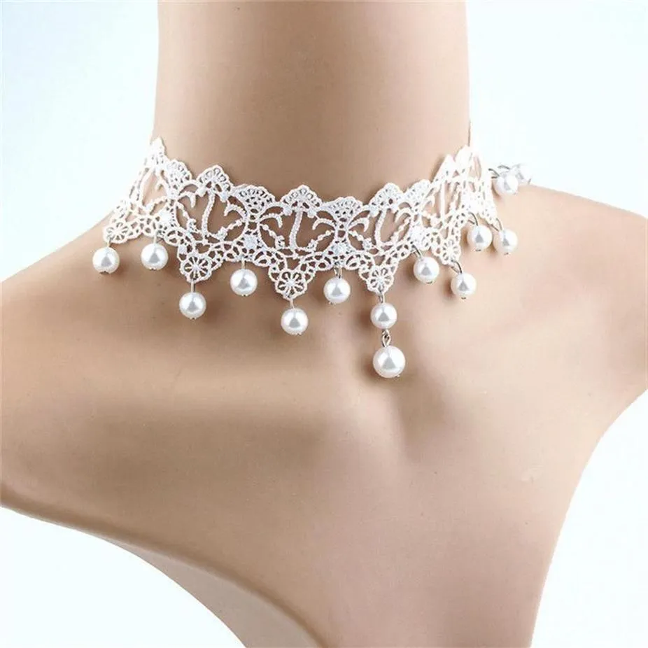 Chokers Elegant Vintage Imitation Pearl White Lace Statement Choker Halsband Brudsmycken för kvinnor Bröllop Fashion275T