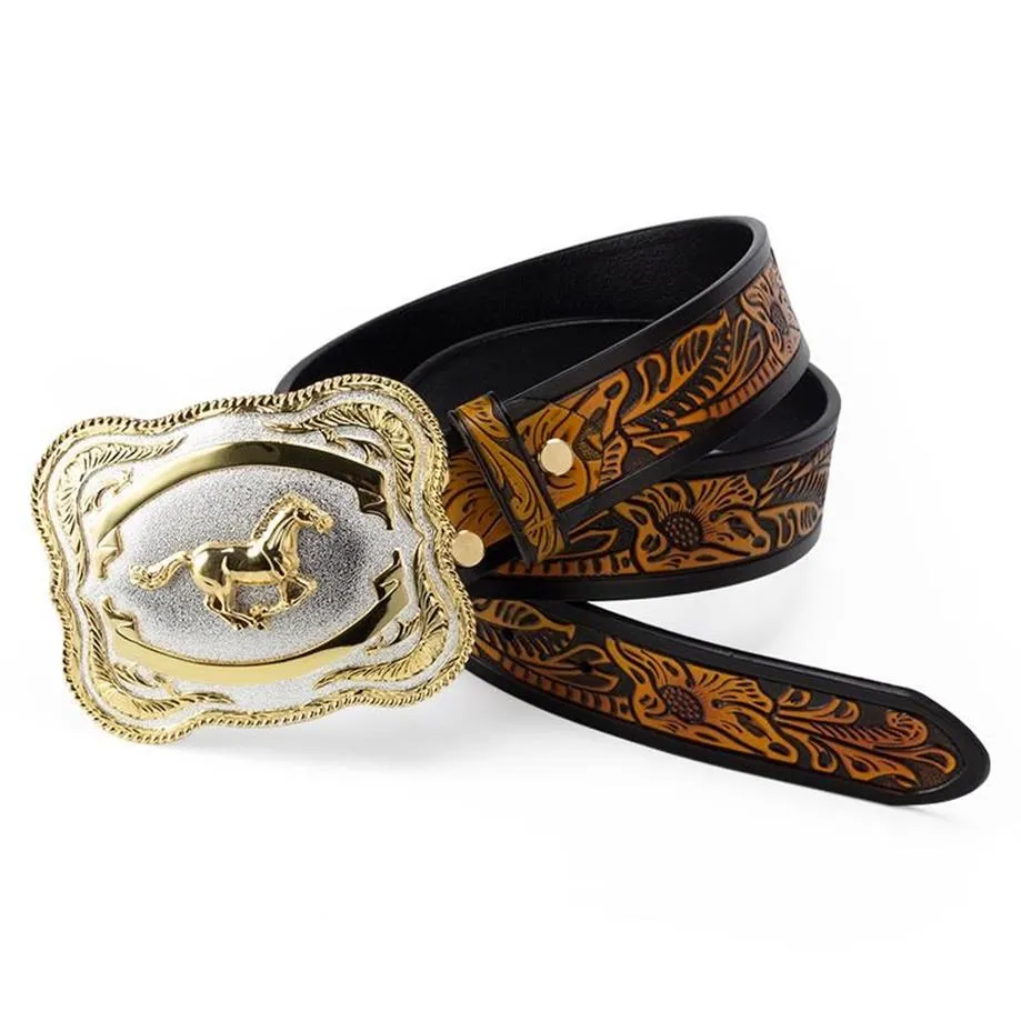 Bälten Big Alloy Buckle Golden Horse Leather Belt Cowboy Leisure for Men Floral Pattern Jeans Accessories Fashion2917