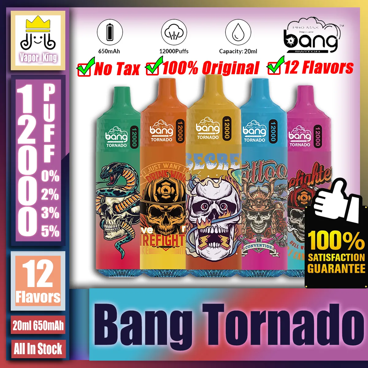 Orijinal Bang Tornado 12000 12K puf 12000 12K şarj edilebilir tek kullanımlık vape kalem patlama kutusu 20ml önceden doldurulmuş kartuşlar kapsül 650 mAh şarj edilebilir pil LED ışık