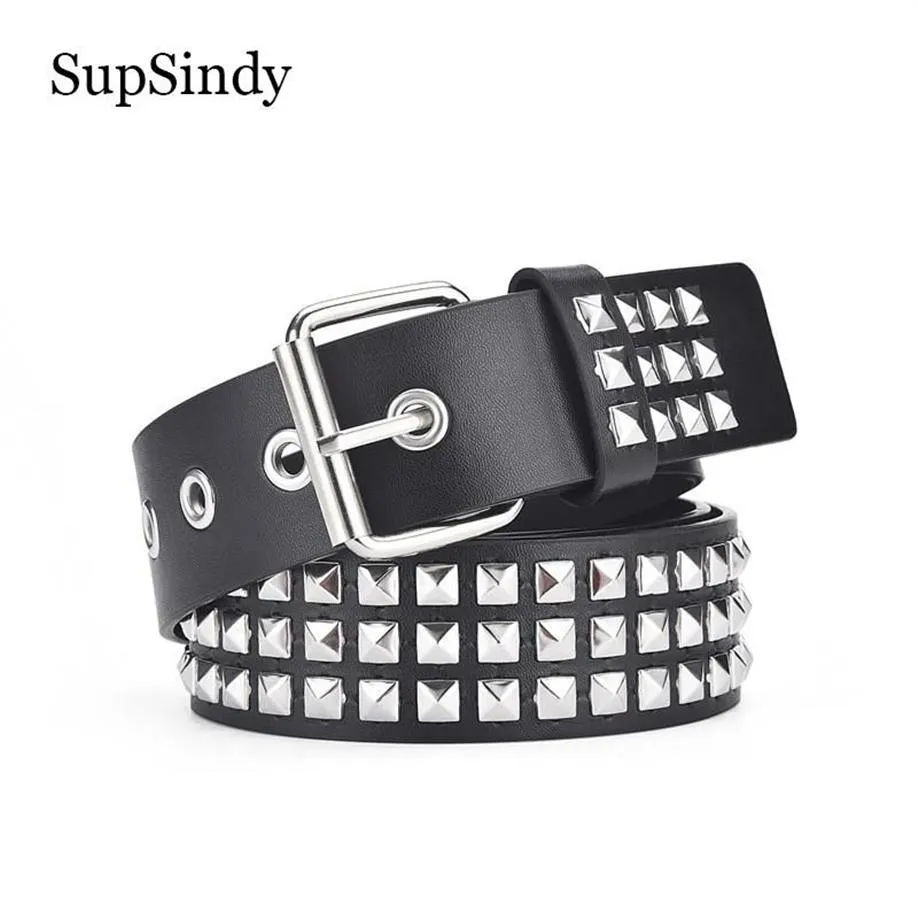 Belts SupSindy Men Belt Punk Geometric Rivet Pin Buckle PU Leather For Women Jeans Waistband Rock Motorcycle Hip Hop Male Strap246b