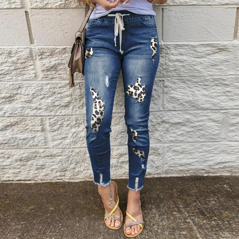 Frauen Jeans Leopardendrucklöcher in der elastischen Taille Jeanshose Weitbein Hosen Ästhetik sexy gerade