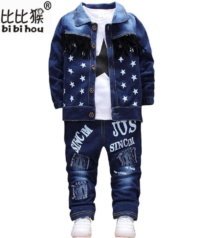 Baby Toddler sportkläder passar barnkläder Set Cotton Boy Clothes Denim Jeans Coat Tshirt Pants 3st Star Tracksuit Children Y5927326