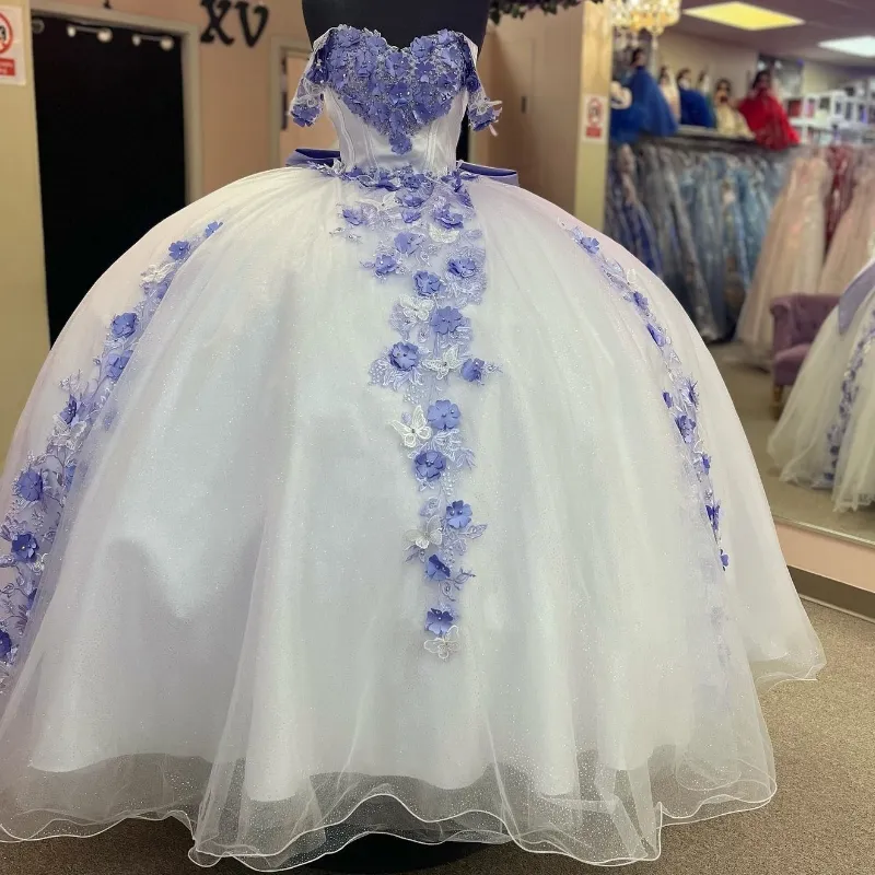 Quinceanera-jurken 2024 3D Flowers Appliques Bow Crystal Pearls Ball Jurk Off Shoulder Lace-Up Party Evening Speciale gelegenheid
