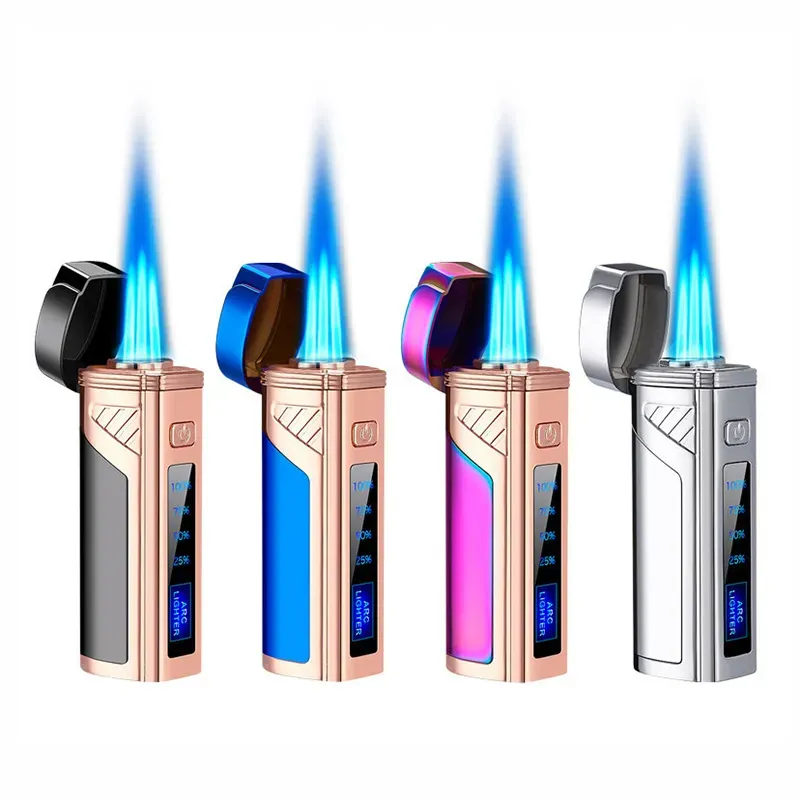 Cigar Torch Lighter with Punch Electric Ignition Triple Flame  Lighters Inflatable Touch Sensing Windproof Power Display Creative