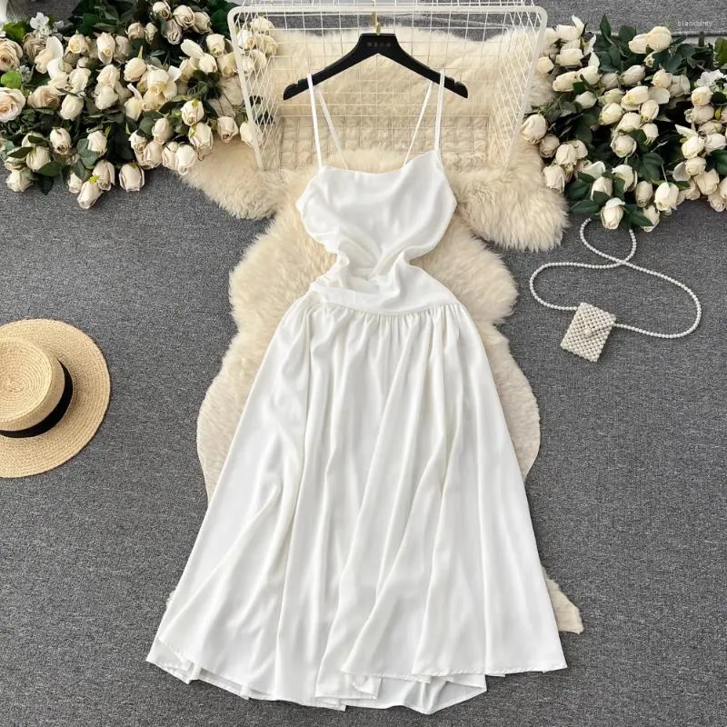 Casual Dresses American Fairycore Ladies Summer Sales Spaghetti Strap Backless Soild Color Vestidos Versatile Women Dress Drop