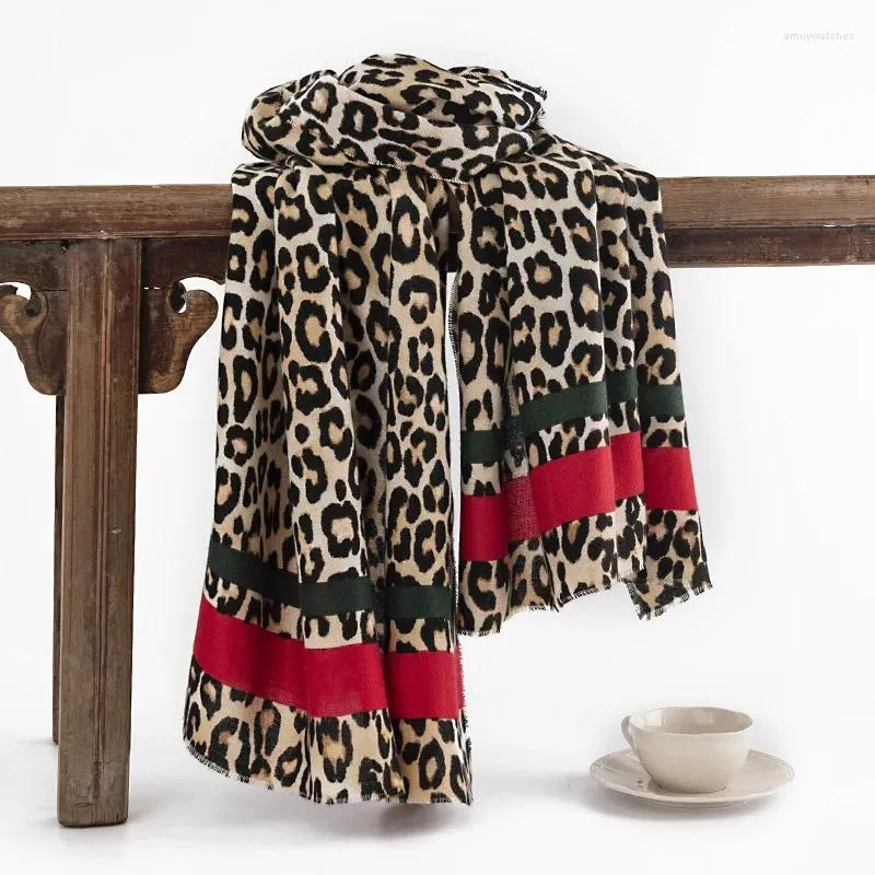 Scarves Red Striped Leopard Scarf Winter Cashmere Women Europe And The United States Advanced Neck Protection Cold Collar Fashion