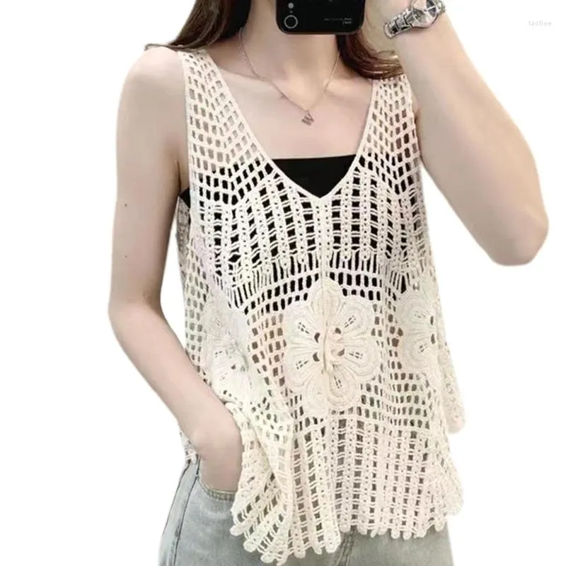 Bodas para mujeres Mujeres Crochet Summer MANEVELESS para camisetas de chaleco floral con cuello en V con cuello tanque