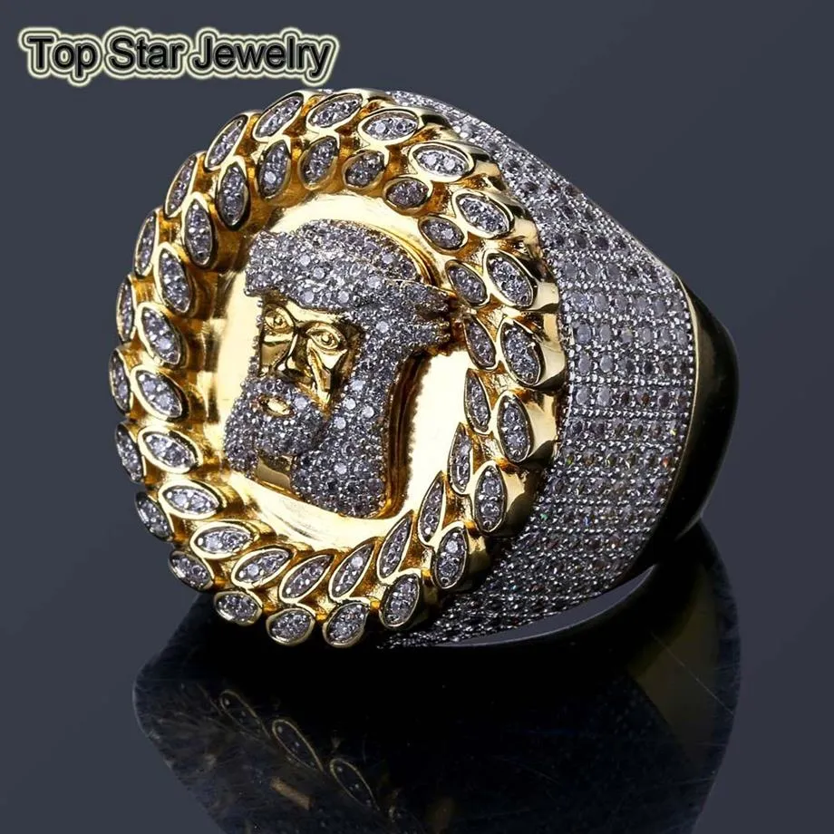 Pełna miedziana przesadzona pierścień błyszczący mikro sześcien cyrkonia Jezus twarz prawdziwa złota biżuteria punkowa punkowa palec do męskiego hip -hopu rin2907