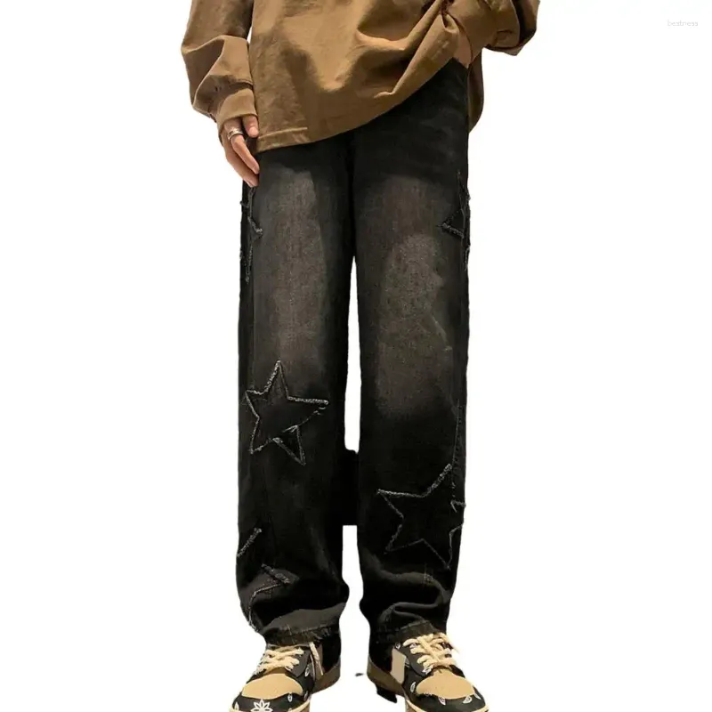 Jeans masculin pour hommes zipper mi-hauteur surdimensiont étoile des pantalons de motif esthétique pantalon en denim de jambe largement en liberté
