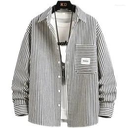 Men's Casual Shirts 2023Spring And Autumn Square Neck Striped Button Pocket Korean Edition Fashion Elegant Commuting Long Sleeved Shirt