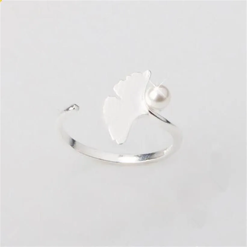 Antique Silver ginkgo leaf Plant Opening Finger ring for Women lady Elegant Wedding rings Imitation Pearl Lovely Gift281J