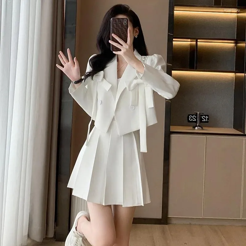 Work Dresses White Bow Tie Suit Women High-end French Short Jacket Pleated Skirt Solid Temperament Autumn Spring Female Clothes Two-piece