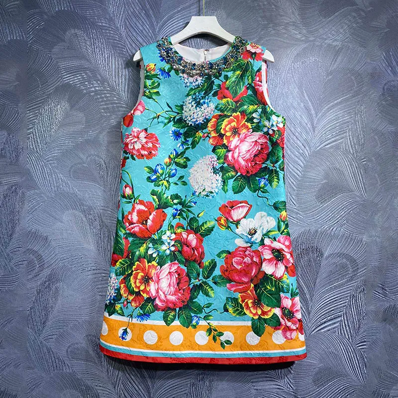 Designer Dresser Retro Print Heavy Work Bead Luxury Sleeming Sleeveless Dress Summer 2024 New Edition