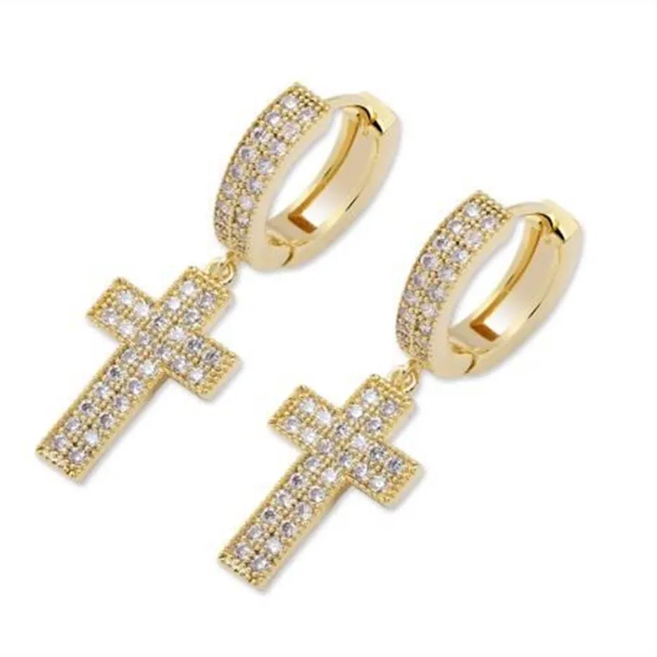 Zircone cubique Bling Ice Out Cross Earring Gold Silver Copper Matières d'oreilles pour hommes