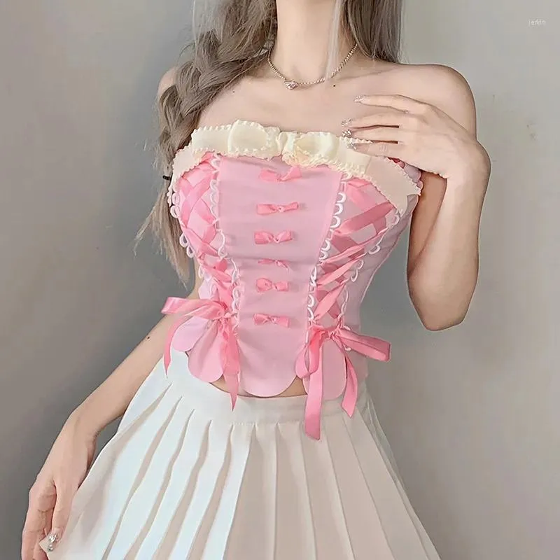 Women's Tanks Sexy Bow Pink Bandage Bandeau Corset Tops Japanese 2000s Style Y2k Crop Vest Coqueclothes Tank Tube Top Lolita Camisas