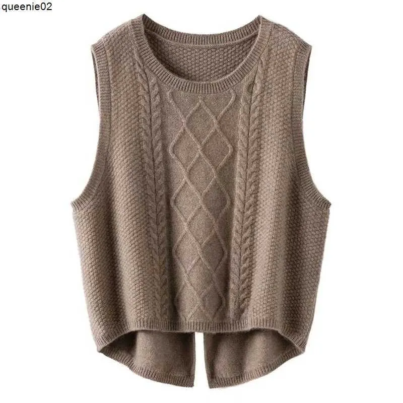 Women's Vests Thickened front short back long new autumn/winter wool women's sleeveless slit knitted round neck bottom sweater