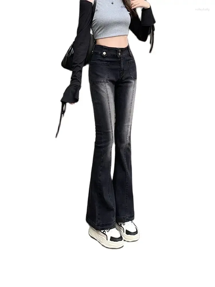 Jeans femininos de pernas largas de pernas largas de pernas largas partidas completas Y2K Black Design Lavagem 90
