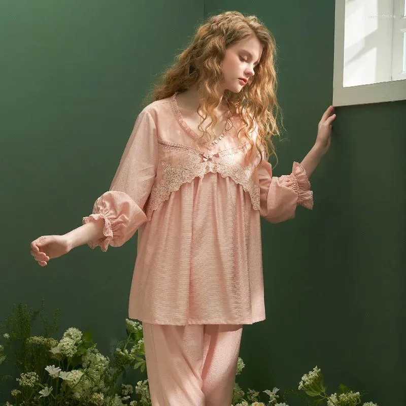 Kvinnors sömnkläder vintage pyjamas uppsättningar för lady spets tre kvart ärm sommarfjäder flickor lös bekväm nattlig