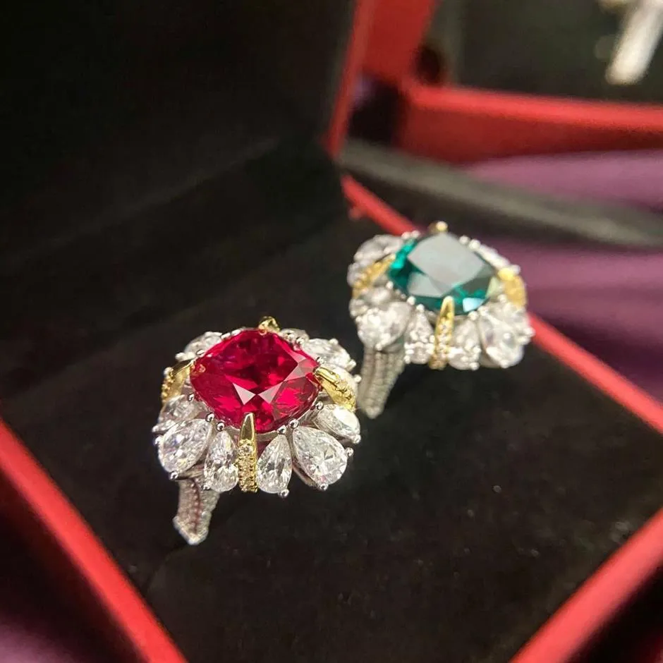 Nature 6ct Emerald Diamond Pierścień 100% Real 925 Srebrna biżuteria