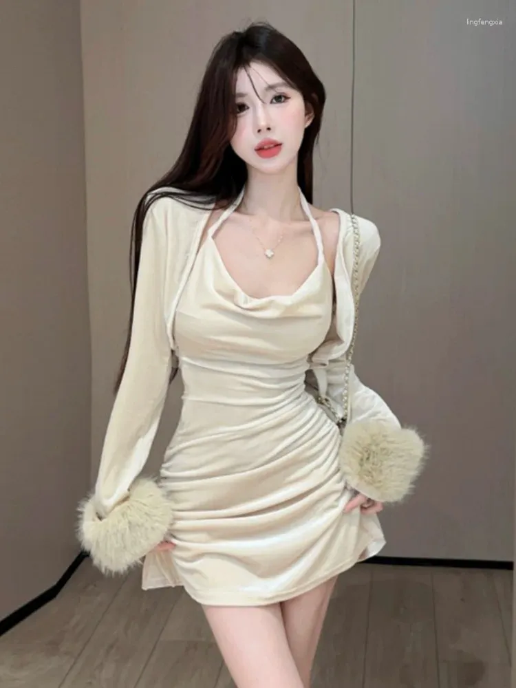 Work Dresses Harajpee Versatile Fur Sleeve Suits Small Jacket Sweet Spicy Sexy Hanging Neck Slimming Pleated Velvet Dress Gentle