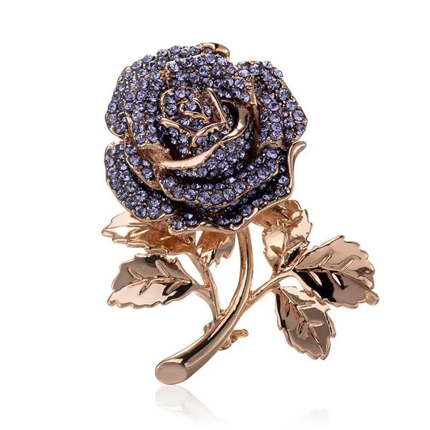 Vintage -Strass -Rose Brosche Gold plattiert Cystal Rose Pins für Party Hochzeitsgeschenke Mode Schmuck Einzelhandel Whole2066