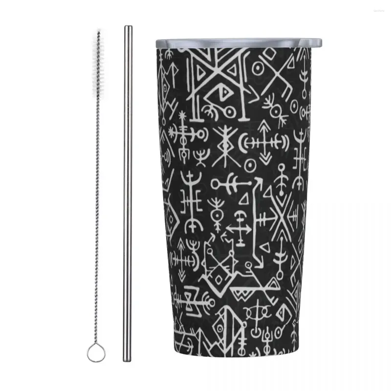 Tumblers Viking -runen Geïsoleerde tumbler met stro -deksel Nores Mythologie Vacuüm Travel Thermische mok Dubbele wandtoevoer Bottel Cups 20oz