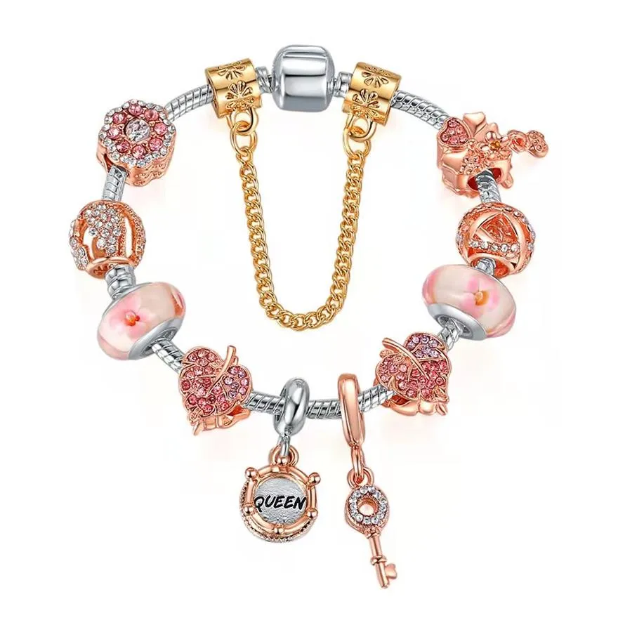 16-21 cm Roségoldzauber Armbänder rosa Blume Charme Perlen Königin Anhänger Fit Valentinstag Schmuck DIY Perlenzubehör für SIL247f