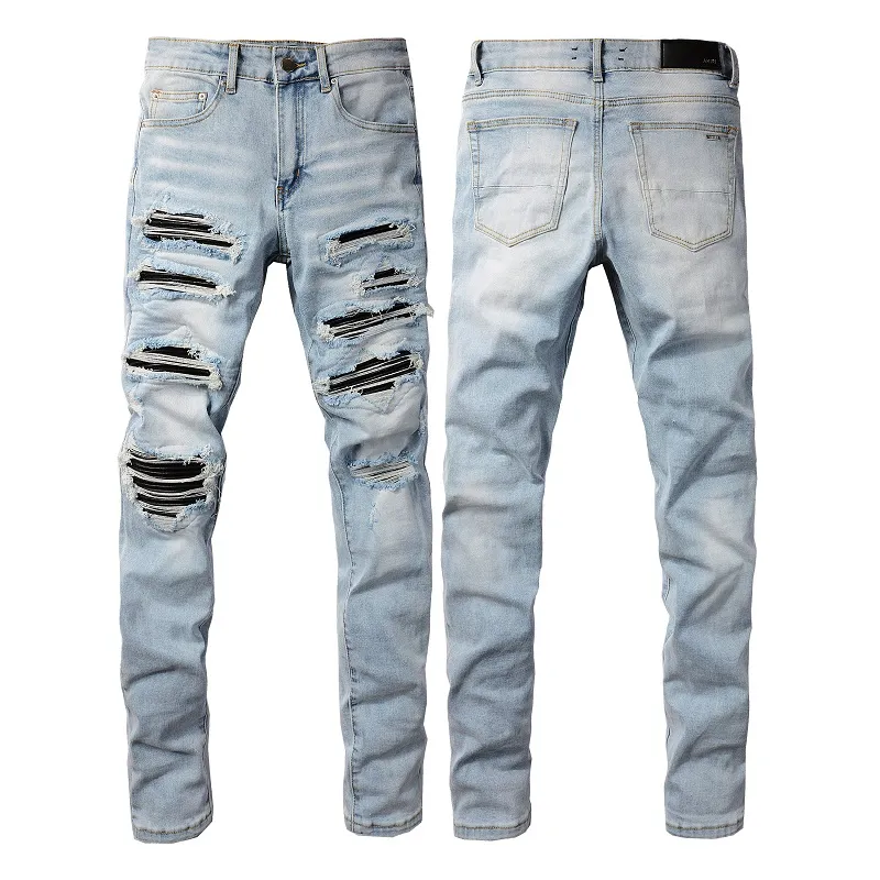 amirj jeans Top-end quality designer jeans High Street Hole Patch Men's embroidery panel stretch trousers purple ripped amirs jeans