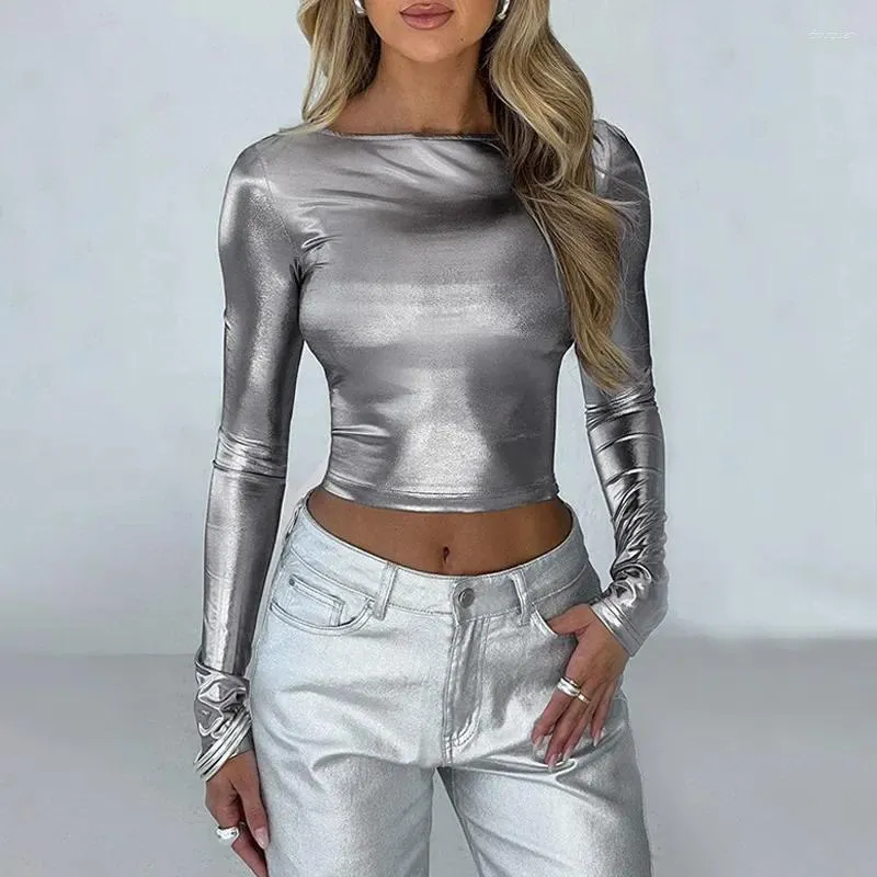 Kvinnors T-skjortor Y2K Metallic Gilding Long Sleeve T-shirts Women Crop Tops Fashion Casual Slim Bare Midriff Tees Night Clubwear Streetwear