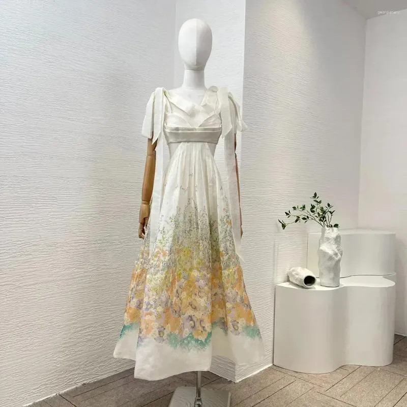 Casual Dresses 2023 Spring Summer White Floral Printing Folds Waist Cut Out Backless Self-tie Straps High Quality Women Midi Dress