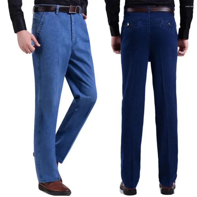 Men's Jeans Men Fall Straight High Waist Solid Color Pockets Button Zipper Closure Soft Breathable Ankle-length Mid-aged Father Lo