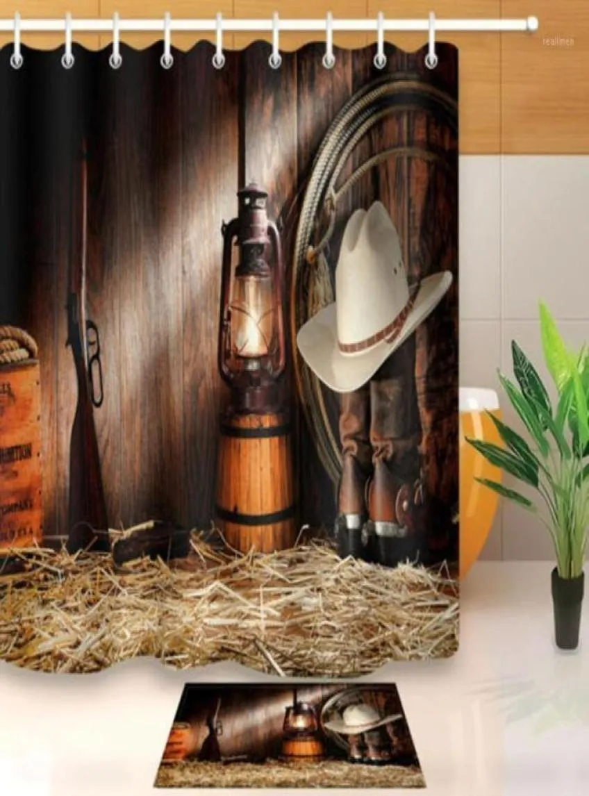 Western Shower Curtain Rustic Barn Wood Farmhouse West Cowboy Waterproof Fabric Bath Curtains Badrumdekor Set med krokar15758507