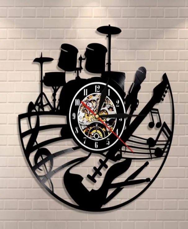 Chitarra e drum kits wall clock chitarrista music record orologio rock strumento di chitarra wall art rock n rock regalo 2011187339476