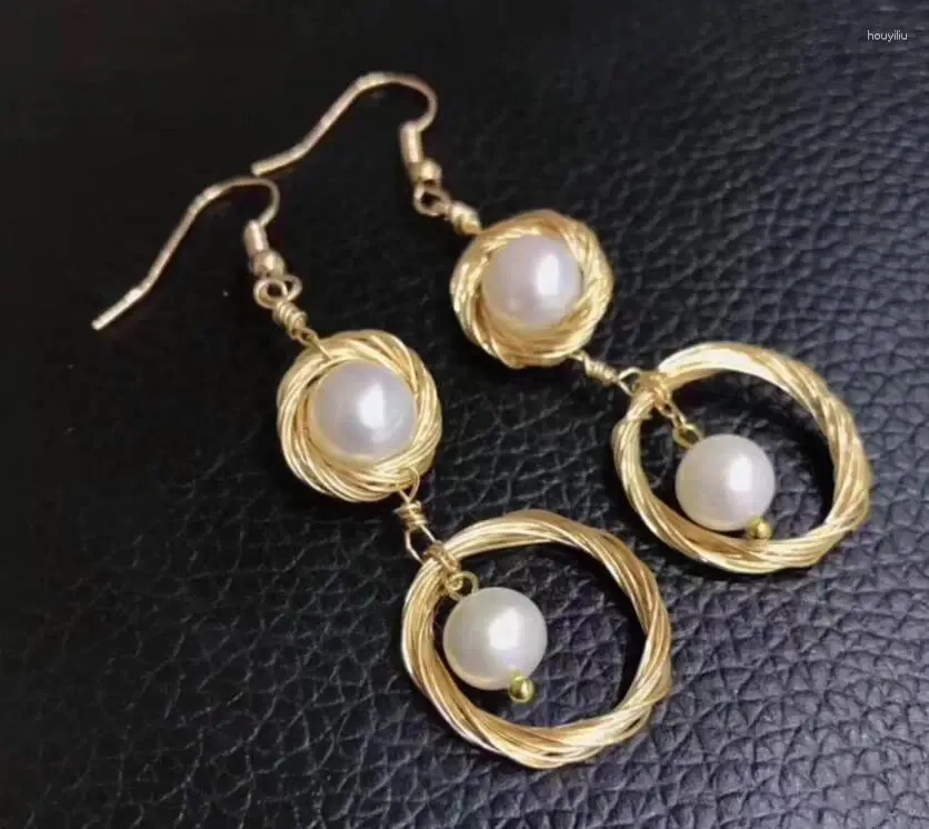 Dingle örhängen ädla smycken handgjorda 7-8mm naturliga sötvatten vit pärla örhänge 9k guld