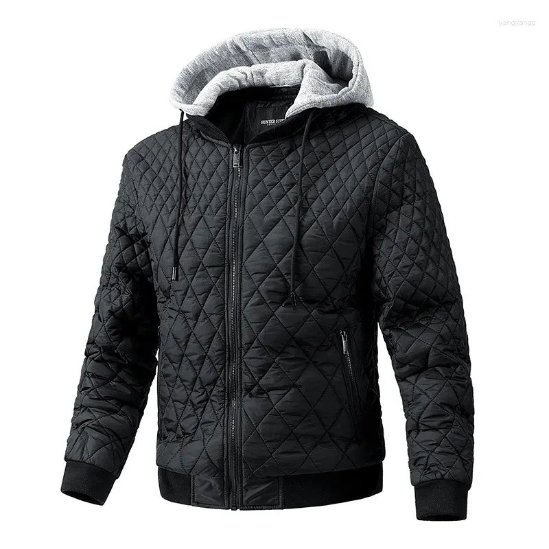 Herenjacks herfst winter warme slijtage diamant geruit jasje slanke verwijderbare pet katoen jassen mode mannen kleren ritssluiting pocket tops