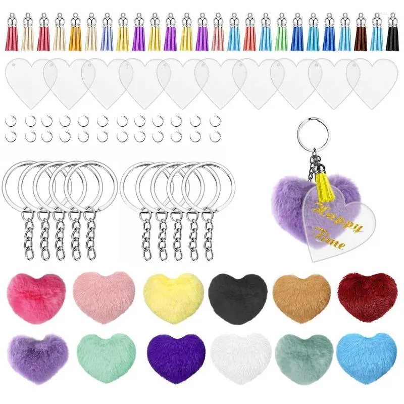 Chaveiros 120pcs acrílico Keychain Pom Ball Tassel Charms, incluindo ornamentos em branco claros anéis de chaves em branco para artesanato diy