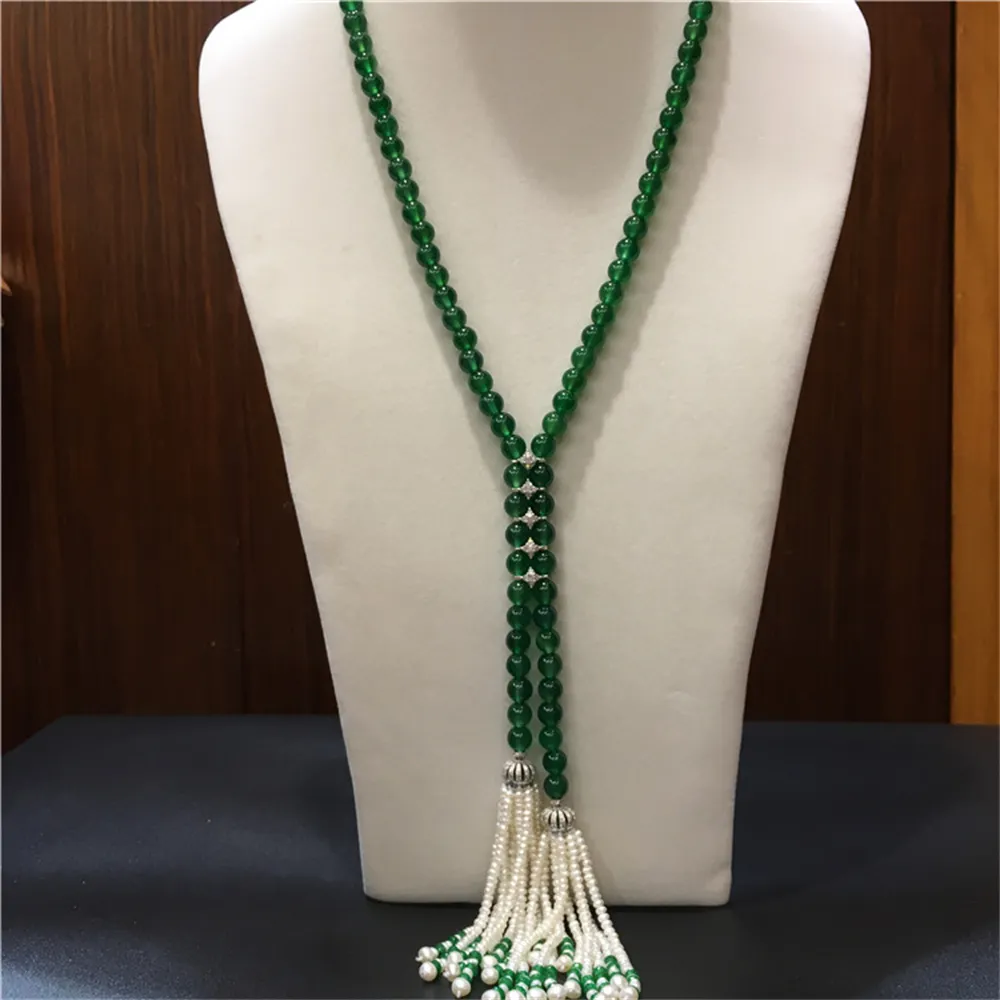 Hot sell super beautiful natural white freshwater pearl 8mm green jade tassel long sweater chain necklace 80-90cm