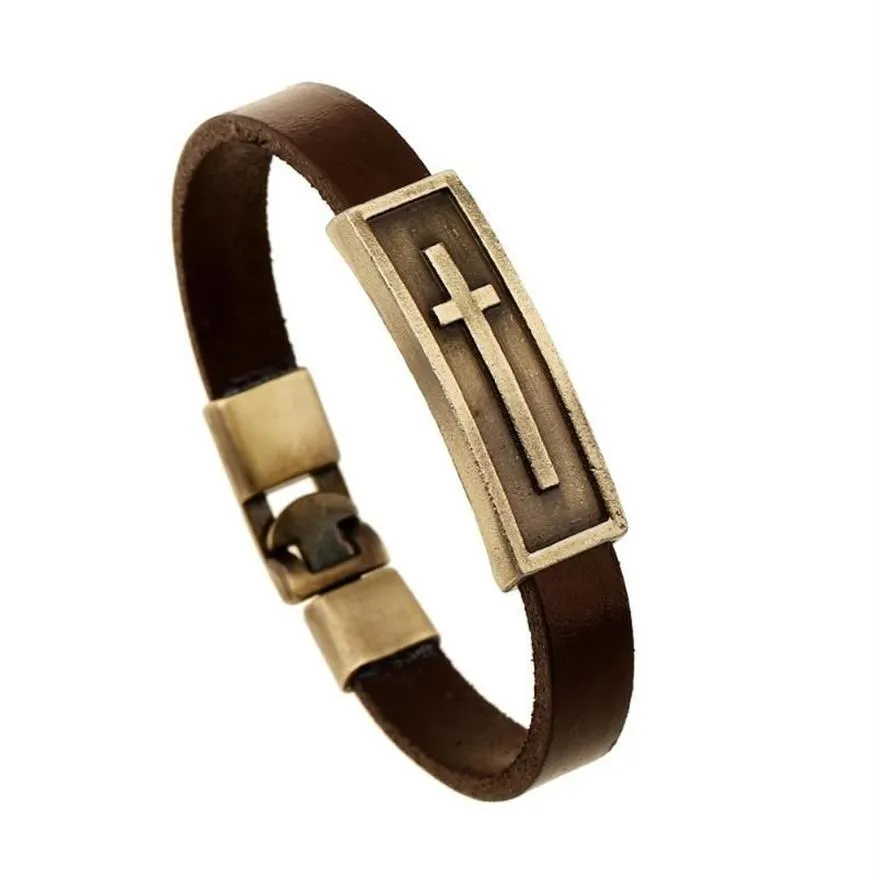 Kaimin Klassiker Christ Cross Men Frauen Lederarmband Einfacher brauner Stahlknopf neutral Accessoires handgewebte Schmuck Geschenke Char213l