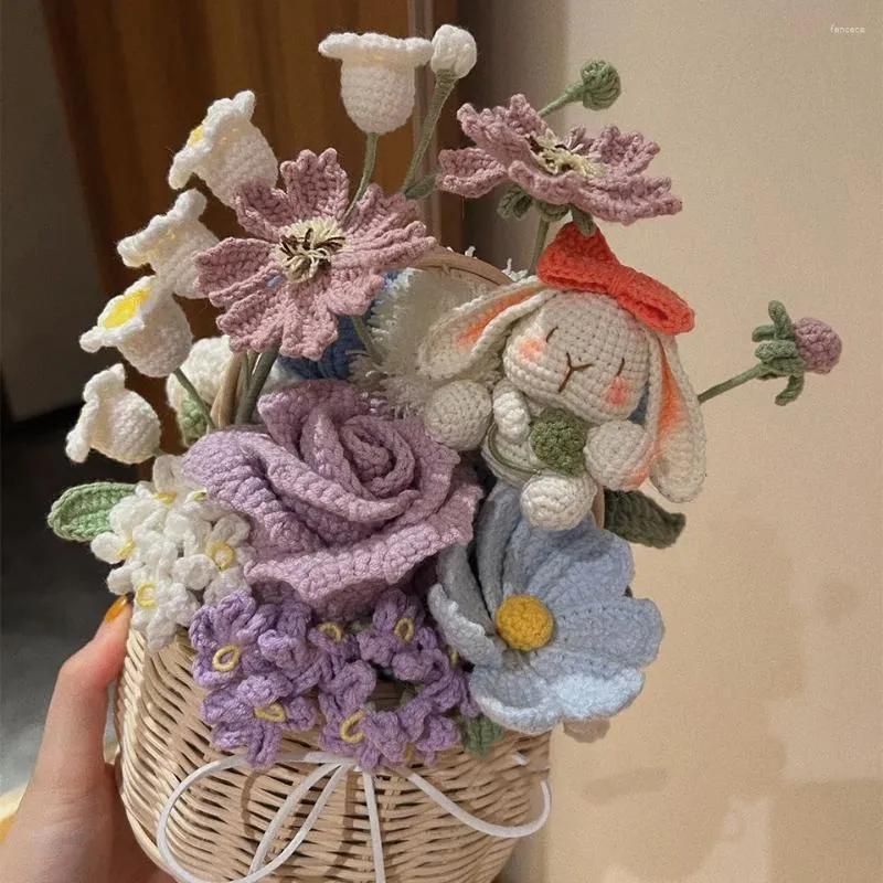 Wedding Flowers Blue Purple Artificial Fabric Needlework Bridesmaid Bouquet Mariage Knitted Flower Hand Woven For Lovers