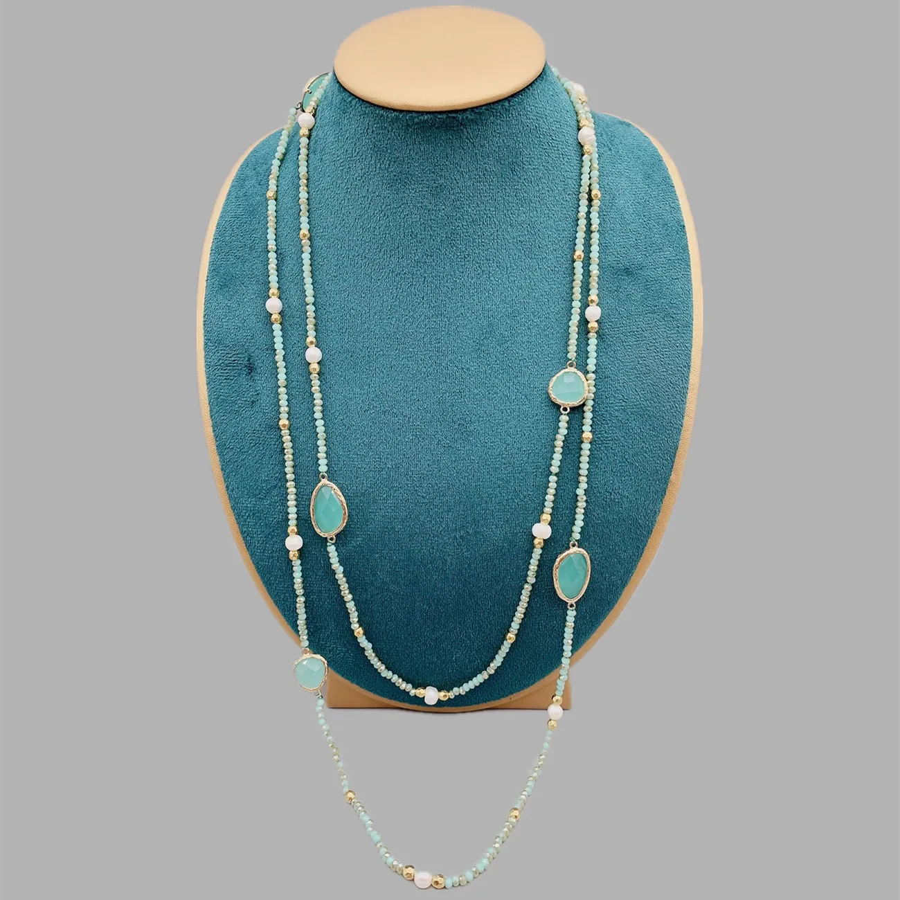 Faceted Cut Irregular Aqua Quartz Long Necklace With 5-6mm White Freshwater Pearls 2mm Crystals And Hammered Gold Beads 50 Inch 231222