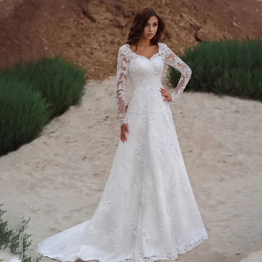 Stunningbride 2024 Vintage Lace Up A Line Robes De Mariage En V En V Appliques Longues Garden