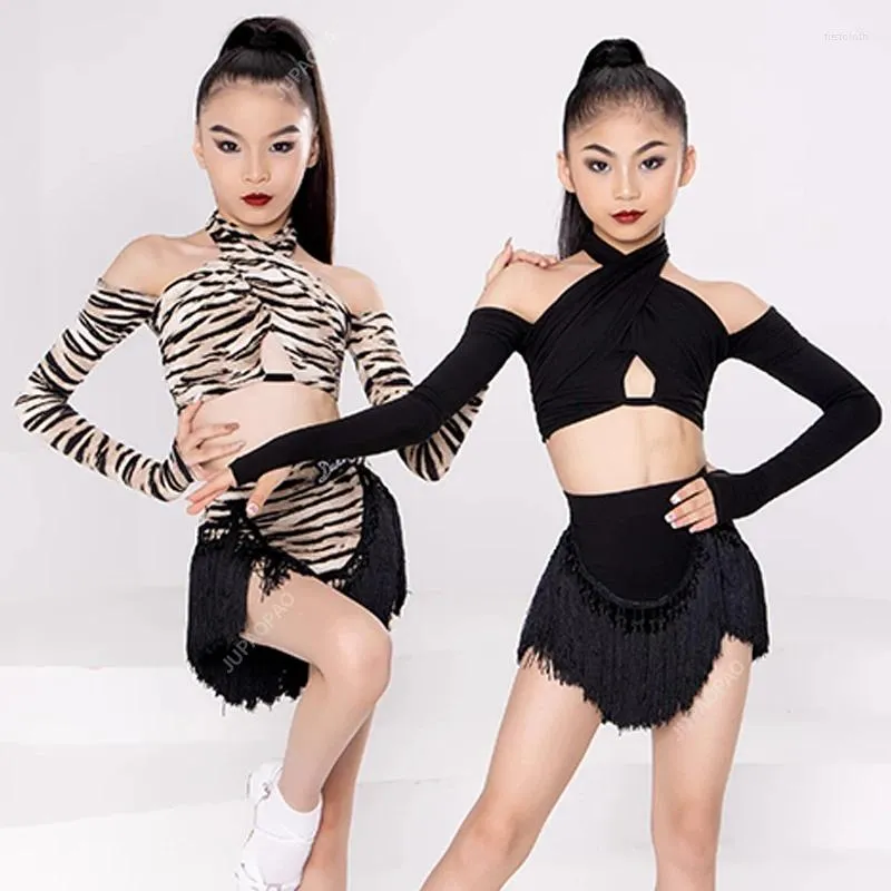 Scary Wear Girls Latin Dance Robe Set Long Manches Leopard Black Fringe Cha Samba Training Performance Clothes