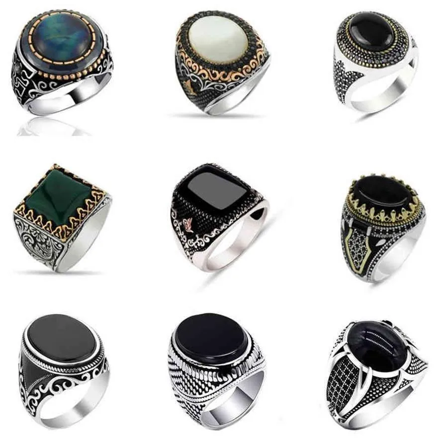 30 Styles Vintage Handmade Turkish Signet Ring For Men Women Ancient Silver Color Black Onyx Stone Punk Rings Jóias Religiosas266s