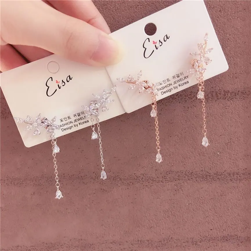 Fashion-New Fashion Women Star Korean TV Cine Spect Zircon Flower Drop Orecchini Eleganti gocce d'acqua Long Line Pendientes Girl Girl GIF2914